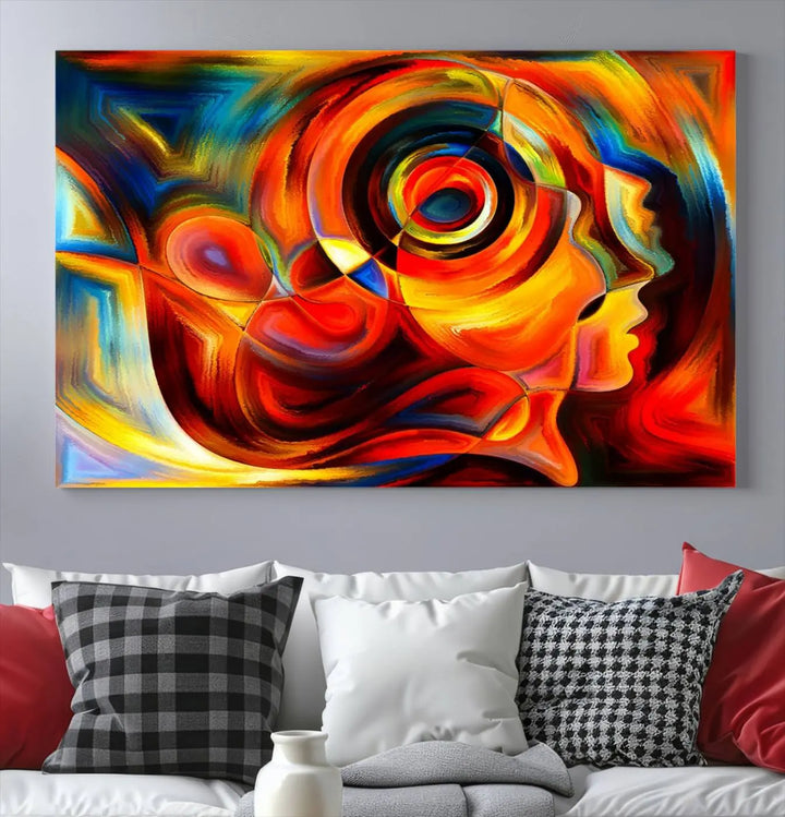 The "Radiant Colors Human Figures" wall art canvas print enhances the space with its vibrant abstract panels, showcasing swirling colors and dynamic shapes. The gallery-wrapped artwork is crafted from museum-quality polycotton and features a UV-protective coating, ensuring lasting beauty and elegance.