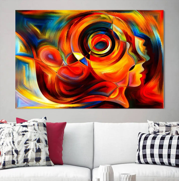 The "Radiant Colors Human Figures" wall art canvas print enhances the space with its vibrant abstract panels, showcasing swirling colors and dynamic shapes. The gallery-wrapped artwork is crafted from museum-quality polycotton and features a UV-protective coating, ensuring lasting beauty and elegance.