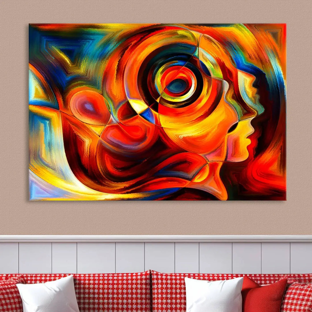 The "Radiant Colors Human Figures" wall art canvas print enhances the space with its vibrant abstract panels, showcasing swirling colors and dynamic shapes. The gallery-wrapped artwork is crafted from museum-quality polycotton and features a UV-protective coating, ensuring lasting beauty and elegance.