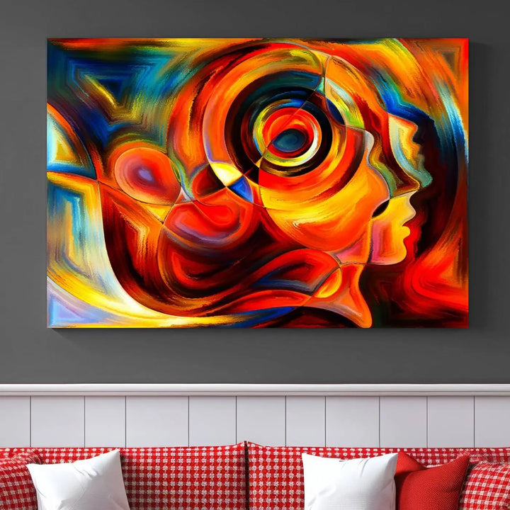 The "Radiant Colors Human Figures" wall art canvas print enhances the space with its vibrant abstract panels, showcasing swirling colors and dynamic shapes. The gallery-wrapped artwork is crafted from museum-quality polycotton and features a UV-protective coating, ensuring lasting beauty and elegance.