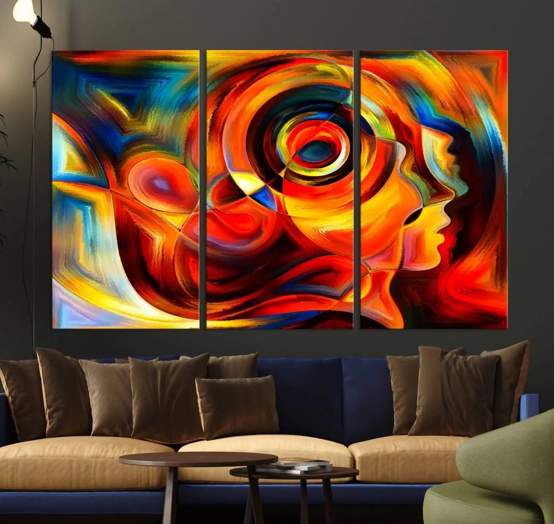 The "Radiant Colors Human Figures" wall art canvas print enhances the space with its vibrant abstract panels, showcasing swirling colors and dynamic shapes. The gallery-wrapped artwork is crafted from museum-quality polycotton and features a UV-protective coating, ensuring lasting beauty and elegance.