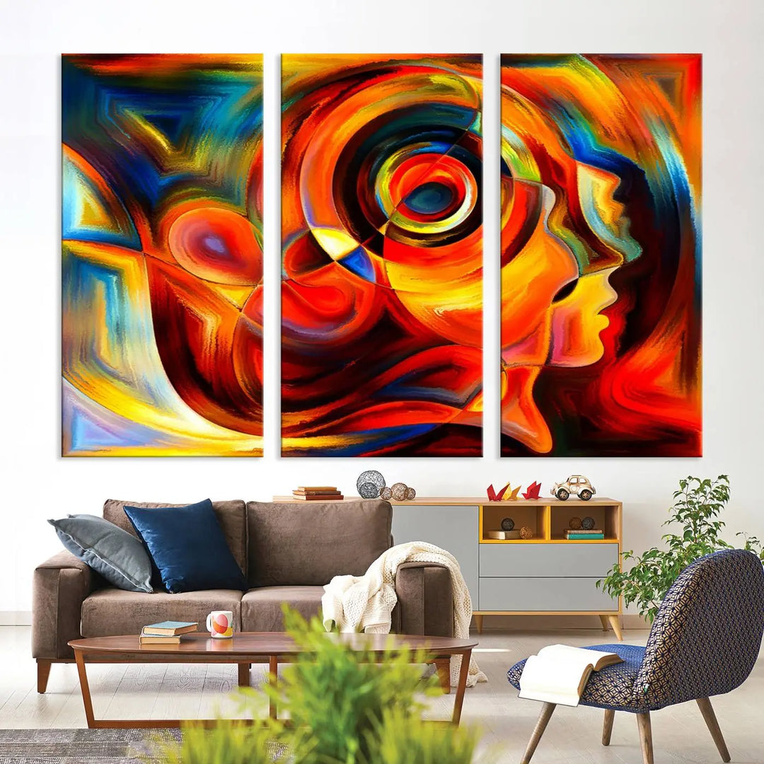 The "Radiant Colors Human Figures" wall art canvas print enhances the space with its vibrant abstract panels, showcasing swirling colors and dynamic shapes. The gallery-wrapped artwork is crafted from museum-quality polycotton and features a UV-protective coating, ensuring lasting beauty and elegance.