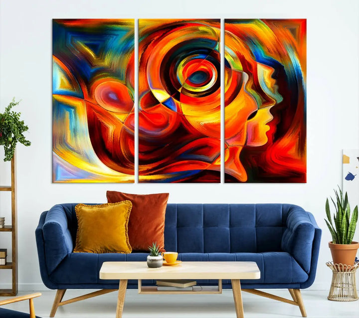 The "Radiant Colors Human Figures" wall art canvas print enhances the space with its vibrant abstract panels, showcasing swirling colors and dynamic shapes. The gallery-wrapped artwork is crafted from museum-quality polycotton and features a UV-protective coating, ensuring lasting beauty and elegance.