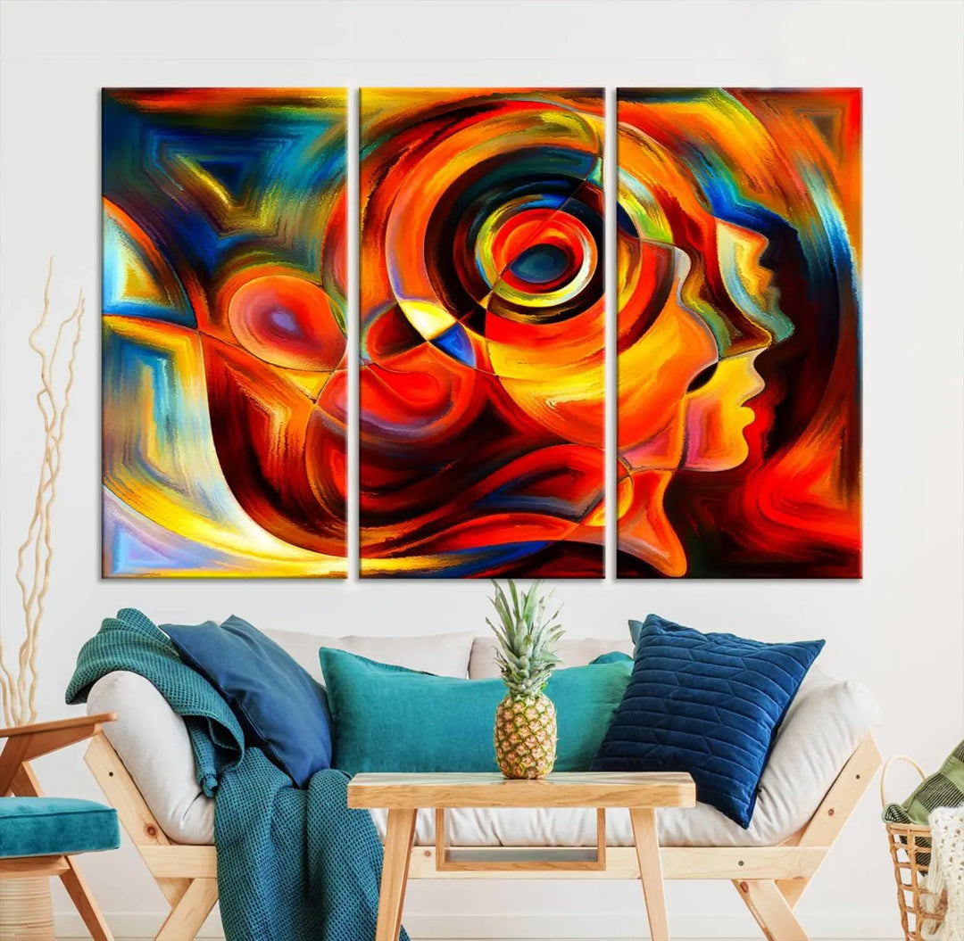 The "Radiant Colors Human Figures" wall art canvas print enhances the space with its vibrant abstract panels, showcasing swirling colors and dynamic shapes. The gallery-wrapped artwork is crafted from museum-quality polycotton and features a UV-protective coating, ensuring lasting beauty and elegance.