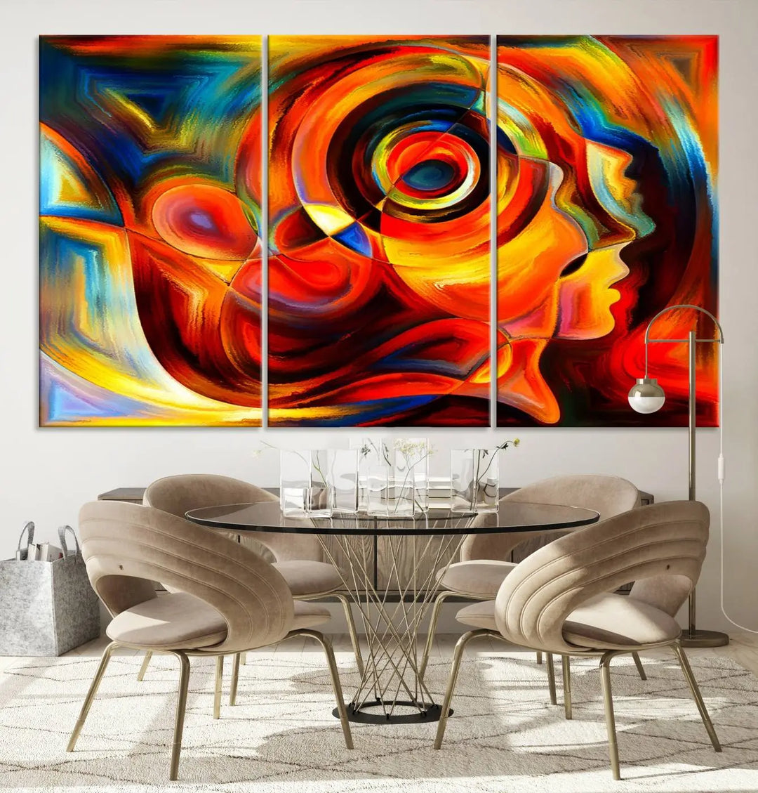 The "Radiant Colors Human Figures" wall art canvas print enhances the space with its vibrant abstract panels, showcasing swirling colors and dynamic shapes. The gallery-wrapped artwork is crafted from museum-quality polycotton and features a UV-protective coating, ensuring lasting beauty and elegance.