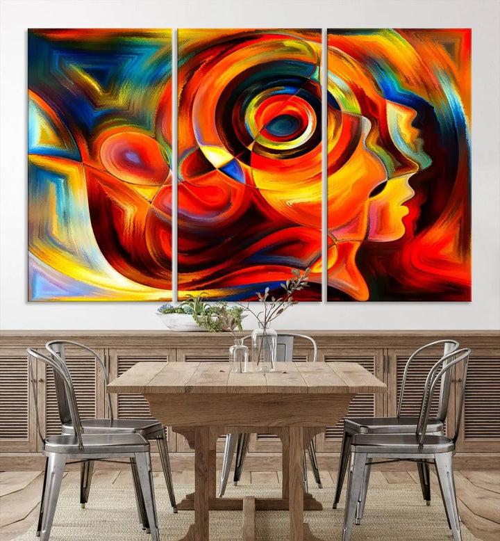 The "Radiant Colors Human Figures" wall art canvas print enhances the space with its vibrant abstract panels, showcasing swirling colors and dynamic shapes. The gallery-wrapped artwork is crafted from museum-quality polycotton and features a UV-protective coating, ensuring lasting beauty and elegance.