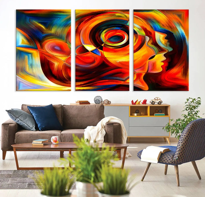 The "Radiant Colors Human Figures" wall art canvas print enhances the space with its vibrant abstract panels, showcasing swirling colors and dynamic shapes. The gallery-wrapped artwork is crafted from museum-quality polycotton and features a UV-protective coating, ensuring lasting beauty and elegance.