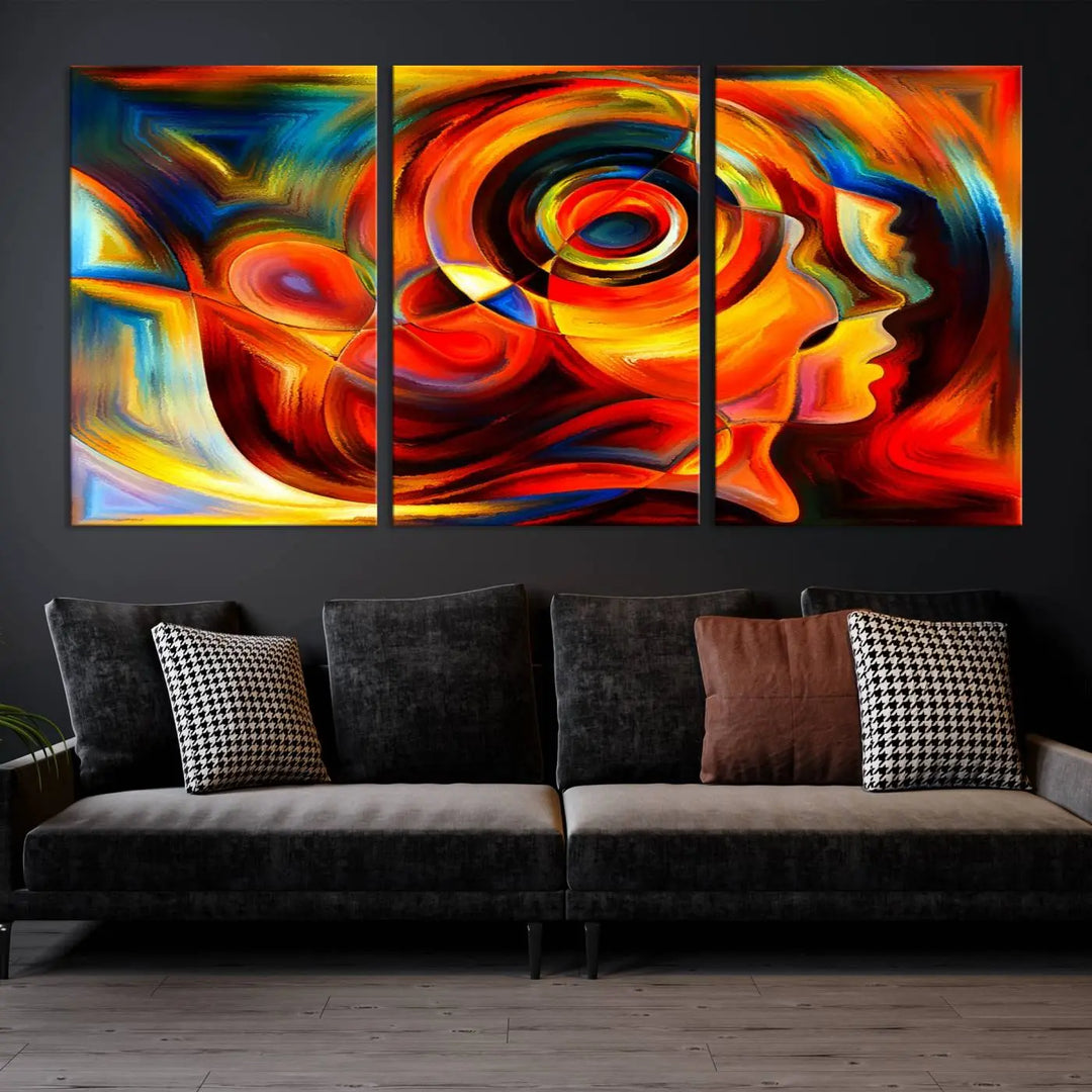 The "Radiant Colors Human Figures" wall art canvas print enhances the space with its vibrant abstract panels, showcasing swirling colors and dynamic shapes. The gallery-wrapped artwork is crafted from museum-quality polycotton and features a UV-protective coating, ensuring lasting beauty and elegance.