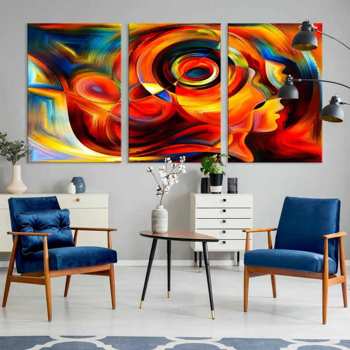 The "Radiant Colors Human Figures" wall art canvas print enhances the space with its vibrant abstract panels, showcasing swirling colors and dynamic shapes. The gallery-wrapped artwork is crafted from museum-quality polycotton and features a UV-protective coating, ensuring lasting beauty and elegance.