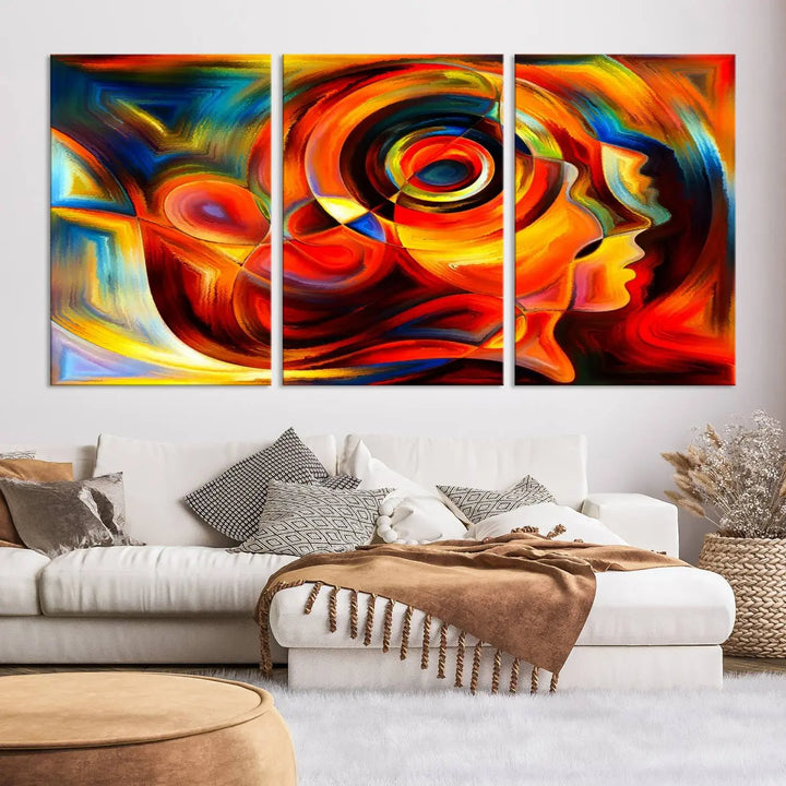 The "Radiant Colors Human Figures" wall art canvas print enhances the space with its vibrant abstract panels, showcasing swirling colors and dynamic shapes. The gallery-wrapped artwork is crafted from museum-quality polycotton and features a UV-protective coating, ensuring lasting beauty and elegance.