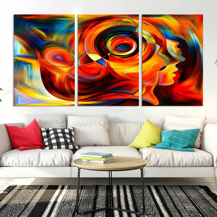 The "Radiant Colors Human Figures" wall art canvas print enhances the space with its vibrant abstract panels, showcasing swirling colors and dynamic shapes. The gallery-wrapped artwork is crafted from museum-quality polycotton and features a UV-protective coating, ensuring lasting beauty and elegance.