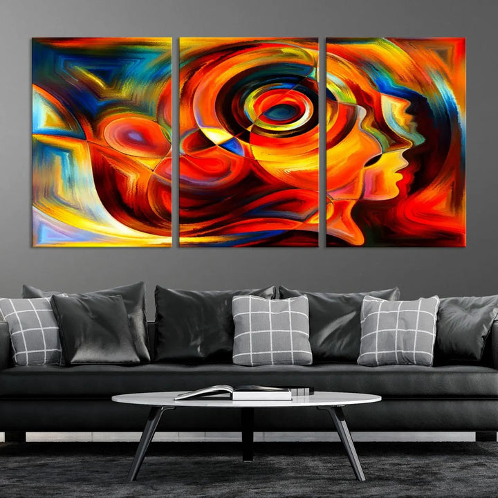 The "Radiant Colors Human Figures" wall art canvas print enhances the space with its vibrant abstract panels, showcasing swirling colors and dynamic shapes. The gallery-wrapped artwork is crafted from museum-quality polycotton and features a UV-protective coating, ensuring lasting beauty and elegance.