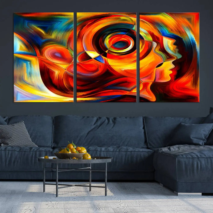 The "Radiant Colors Human Figures" wall art canvas print enhances the space with its vibrant abstract panels, showcasing swirling colors and dynamic shapes. The gallery-wrapped artwork is crafted from museum-quality polycotton and features a UV-protective coating, ensuring lasting beauty and elegance.