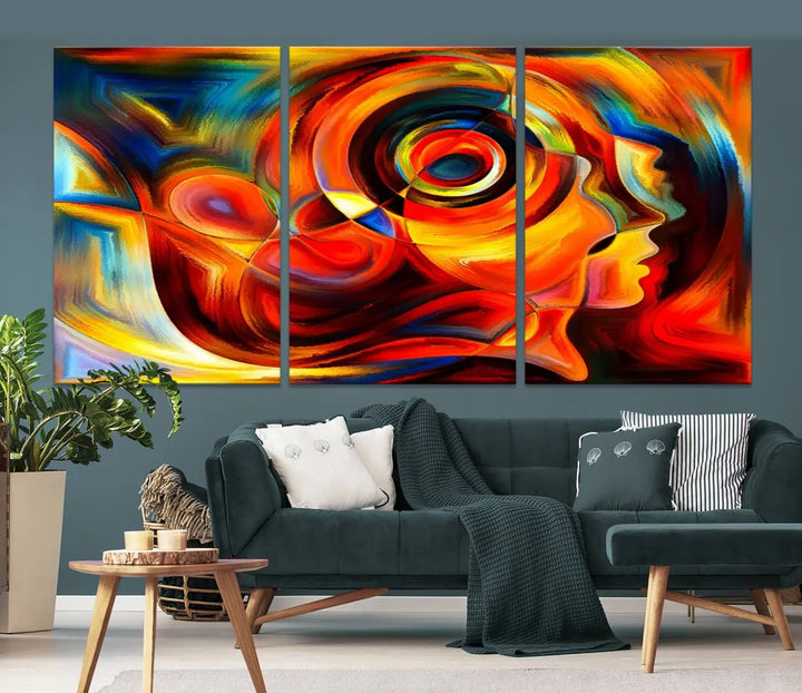 The "Radiant Colors Human Figures" wall art canvas print enhances the space with its vibrant abstract panels, showcasing swirling colors and dynamic shapes. The gallery-wrapped artwork is crafted from museum-quality polycotton and features a UV-protective coating, ensuring lasting beauty and elegance.