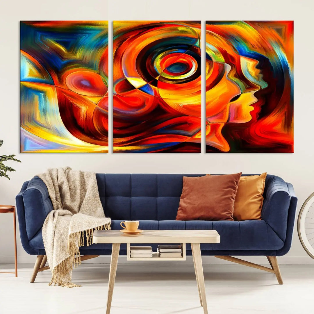 The "Radiant Colors Human Figures" wall art canvas print enhances the space with its vibrant abstract panels, showcasing swirling colors and dynamic shapes. The gallery-wrapped artwork is crafted from museum-quality polycotton and features a UV-protective coating, ensuring lasting beauty and elegance.