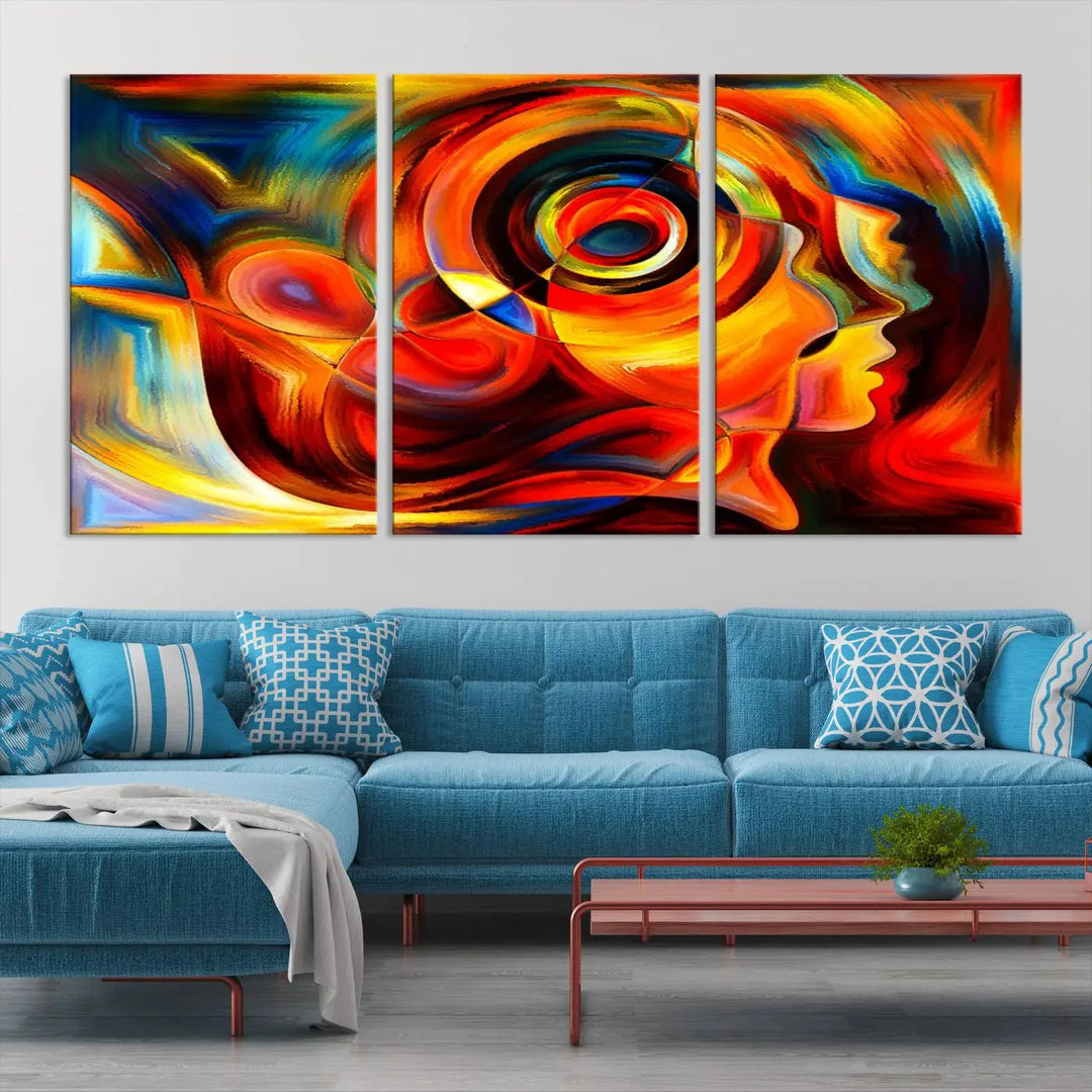 The "Radiant Colors Human Figures" wall art canvas print enhances the space with its vibrant abstract panels, showcasing swirling colors and dynamic shapes. The gallery-wrapped artwork is crafted from museum-quality polycotton and features a UV-protective coating, ensuring lasting beauty and elegance.