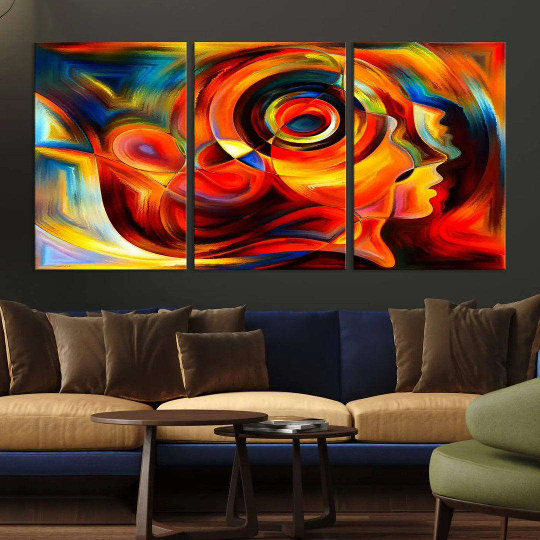 The "Radiant Colors Human Figures" wall art canvas print enhances the space with its vibrant abstract panels, showcasing swirling colors and dynamic shapes. The gallery-wrapped artwork is crafted from museum-quality polycotton and features a UV-protective coating, ensuring lasting beauty and elegance.