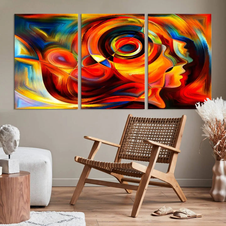 The "Radiant Colors Human Figures" wall art canvas print enhances the space with its vibrant abstract panels, showcasing swirling colors and dynamic shapes. The gallery-wrapped artwork is crafted from museum-quality polycotton and features a UV-protective coating, ensuring lasting beauty and elegance.