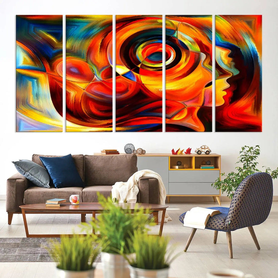 The "Radiant Colors Human Figures" wall art canvas print enhances the space with its vibrant abstract panels, showcasing swirling colors and dynamic shapes. The gallery-wrapped artwork is crafted from museum-quality polycotton and features a UV-protective coating, ensuring lasting beauty and elegance.