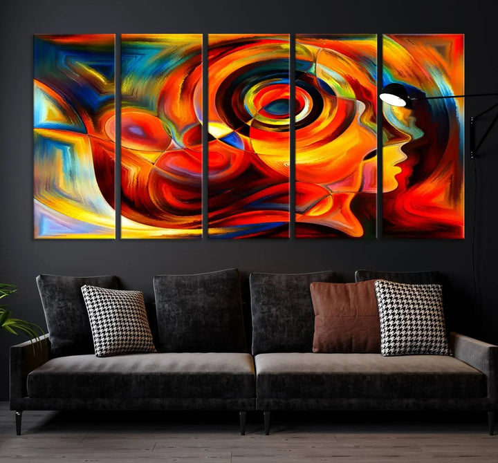 The "Radiant Colors Human Figures" wall art canvas print enhances the space with its vibrant abstract panels, showcasing swirling colors and dynamic shapes. The gallery-wrapped artwork is crafted from museum-quality polycotton and features a UV-protective coating, ensuring lasting beauty and elegance.