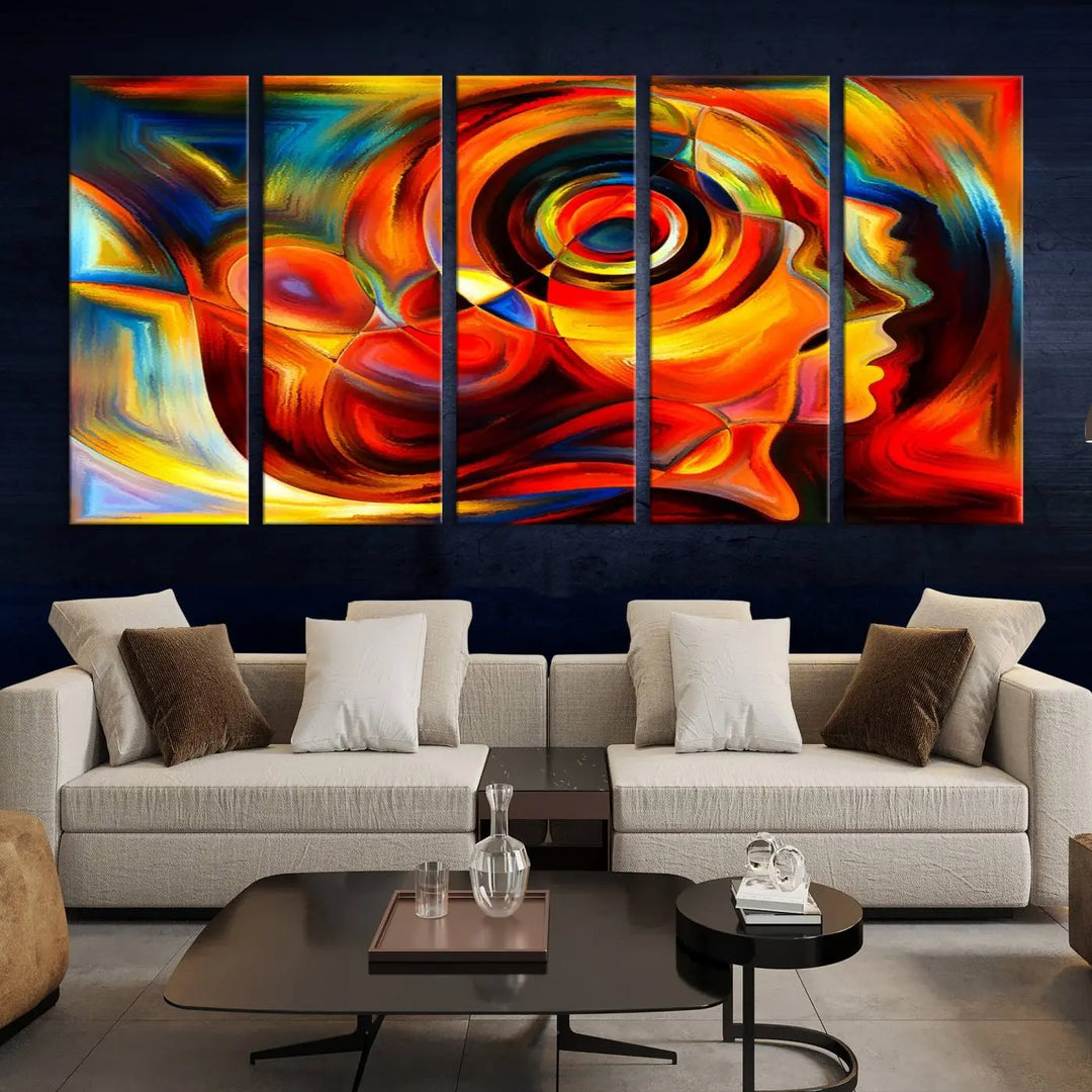 The "Radiant Colors Human Figures" wall art canvas print enhances the space with its vibrant abstract panels, showcasing swirling colors and dynamic shapes. The gallery-wrapped artwork is crafted from museum-quality polycotton and features a UV-protective coating, ensuring lasting beauty and elegance.