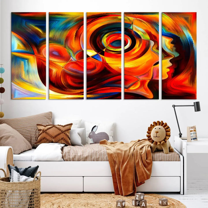 The "Radiant Colors Human Figures" wall art canvas print enhances the space with its vibrant abstract panels, showcasing swirling colors and dynamic shapes. The gallery-wrapped artwork is crafted from museum-quality polycotton and features a UV-protective coating, ensuring lasting beauty and elegance.