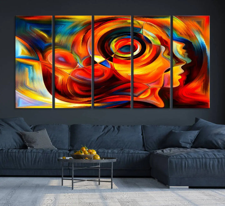 The "Radiant Colors Human Figures" wall art canvas print enhances the space with its vibrant abstract panels, showcasing swirling colors and dynamic shapes. The gallery-wrapped artwork is crafted from museum-quality polycotton and features a UV-protective coating, ensuring lasting beauty and elegance.