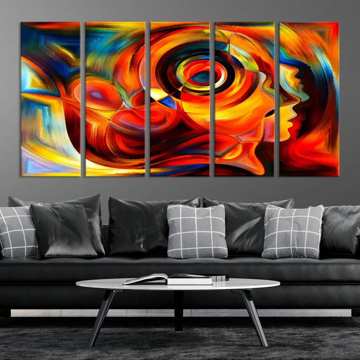 The "Radiant Colors Human Figures" wall art canvas print enhances the space with its vibrant abstract panels, showcasing swirling colors and dynamic shapes. The gallery-wrapped artwork is crafted from museum-quality polycotton and features a UV-protective coating, ensuring lasting beauty and elegance.