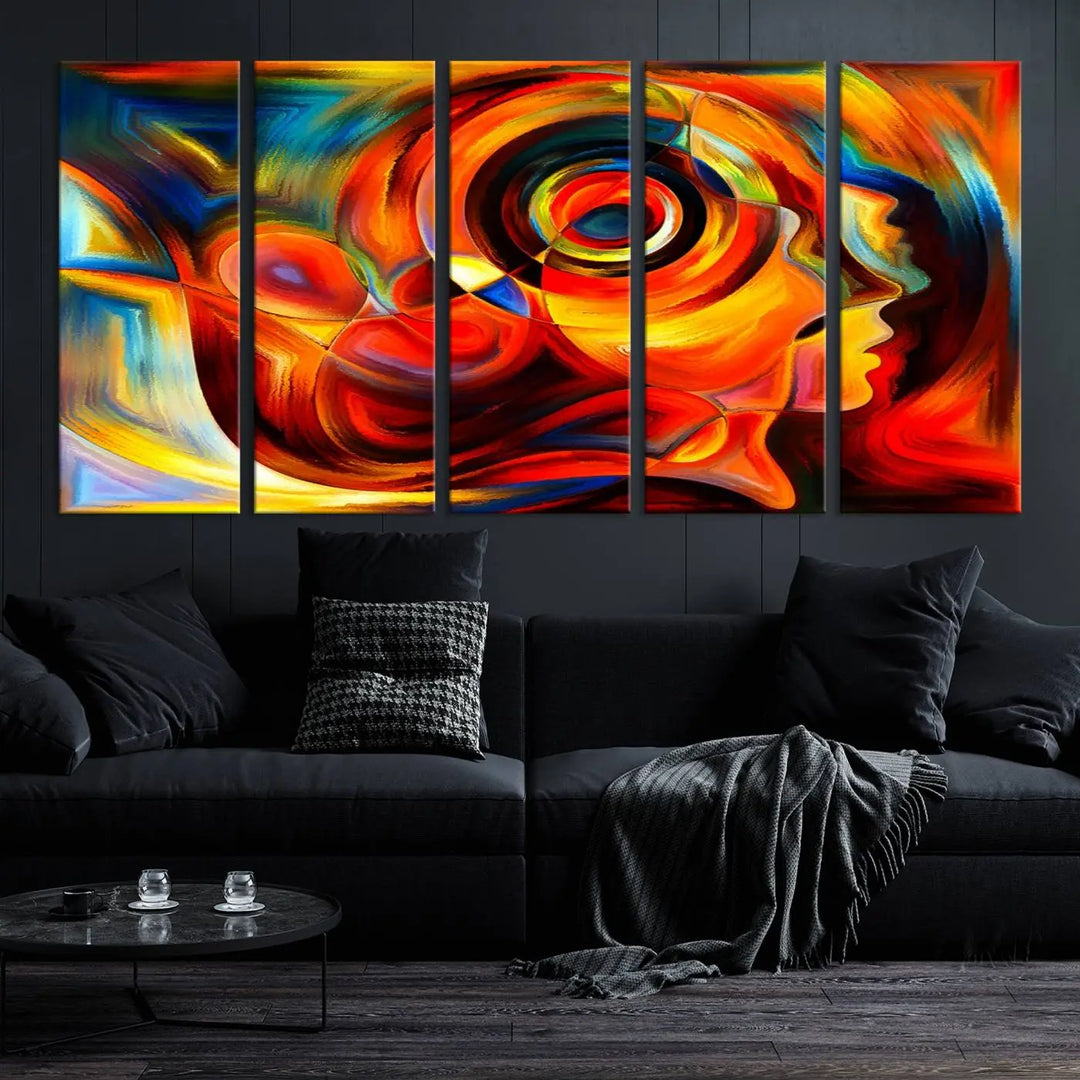 The "Radiant Colors Human Figures" wall art canvas print enhances the space with its vibrant abstract panels, showcasing swirling colors and dynamic shapes. The gallery-wrapped artwork is crafted from museum-quality polycotton and features a UV-protective coating, ensuring lasting beauty and elegance.