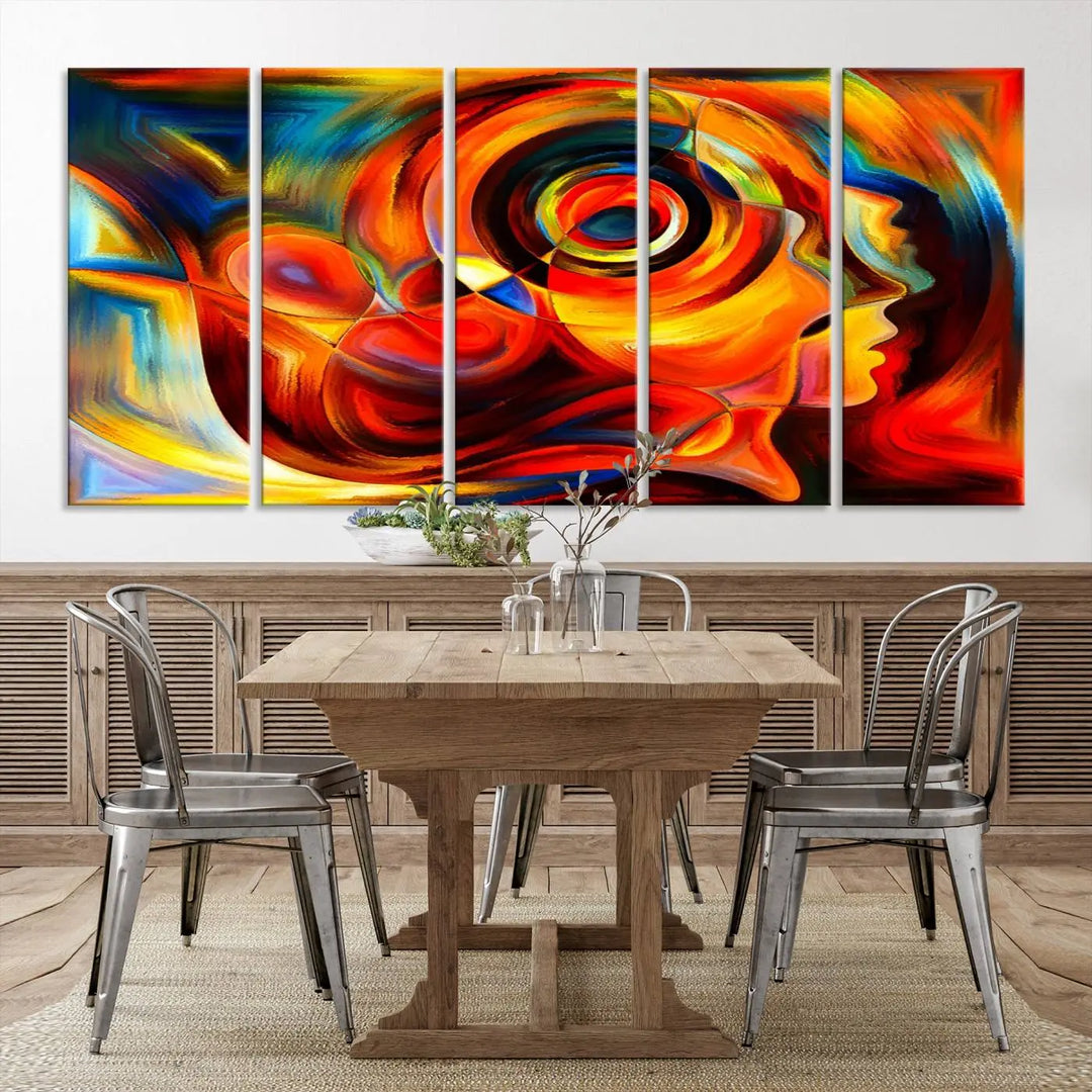 The "Radiant Colors Human Figures" wall art canvas print enhances the space with its vibrant abstract panels, showcasing swirling colors and dynamic shapes. The gallery-wrapped artwork is crafted from museum-quality polycotton and features a UV-protective coating, ensuring lasting beauty and elegance.