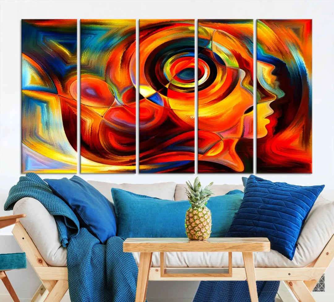 The "Radiant Colors Human Figures" wall art canvas print enhances the space with its vibrant abstract panels, showcasing swirling colors and dynamic shapes. The gallery-wrapped artwork is crafted from museum-quality polycotton and features a UV-protective coating, ensuring lasting beauty and elegance.