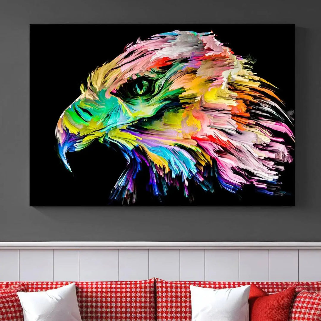 A vibrant "Rainbow Eagle Art Canvas Painting Wall Art Rainbow Animal Art Nature Abstract Print" hangs above, its colorful hues shielded by a UV-protective coating.