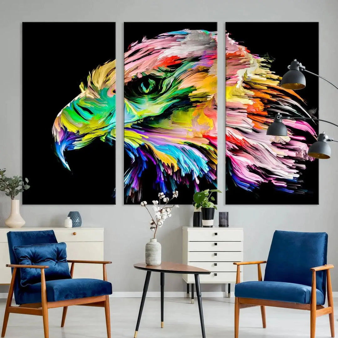 A vibrant "Rainbow Eagle Art Canvas Painting Wall Art Rainbow Animal Art Nature Abstract Print" hangs above, its colorful hues shielded by a UV-protective coating.