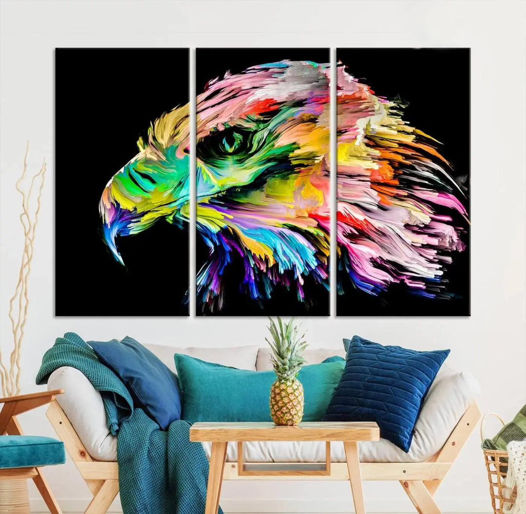 A vibrant "Rainbow Eagle Art Canvas Painting Wall Art Rainbow Animal Art Nature Abstract Print" hangs above, its colorful hues shielded by a UV-protective coating.