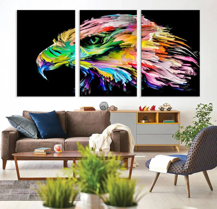 A vibrant "Rainbow Eagle Art Canvas Painting Wall Art Rainbow Animal Art Nature Abstract Print" hangs above, its colorful hues shielded by a UV-protective coating.