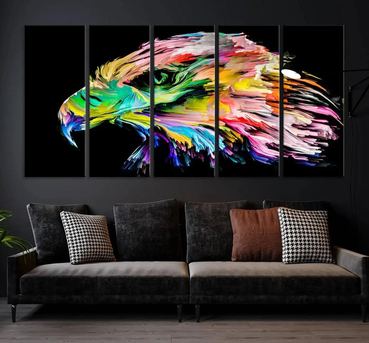 A vibrant "Rainbow Eagle Art Canvas Painting Wall Art Rainbow Animal Art Nature Abstract Print" hangs above, its colorful hues shielded by a UV-protective coating.