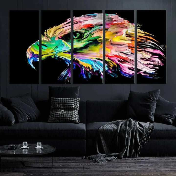 A vibrant "Rainbow Eagle Art Canvas Painting Wall Art Rainbow Animal Art Nature Abstract Print" hangs above, its colorful hues shielded by a UV-protective coating.