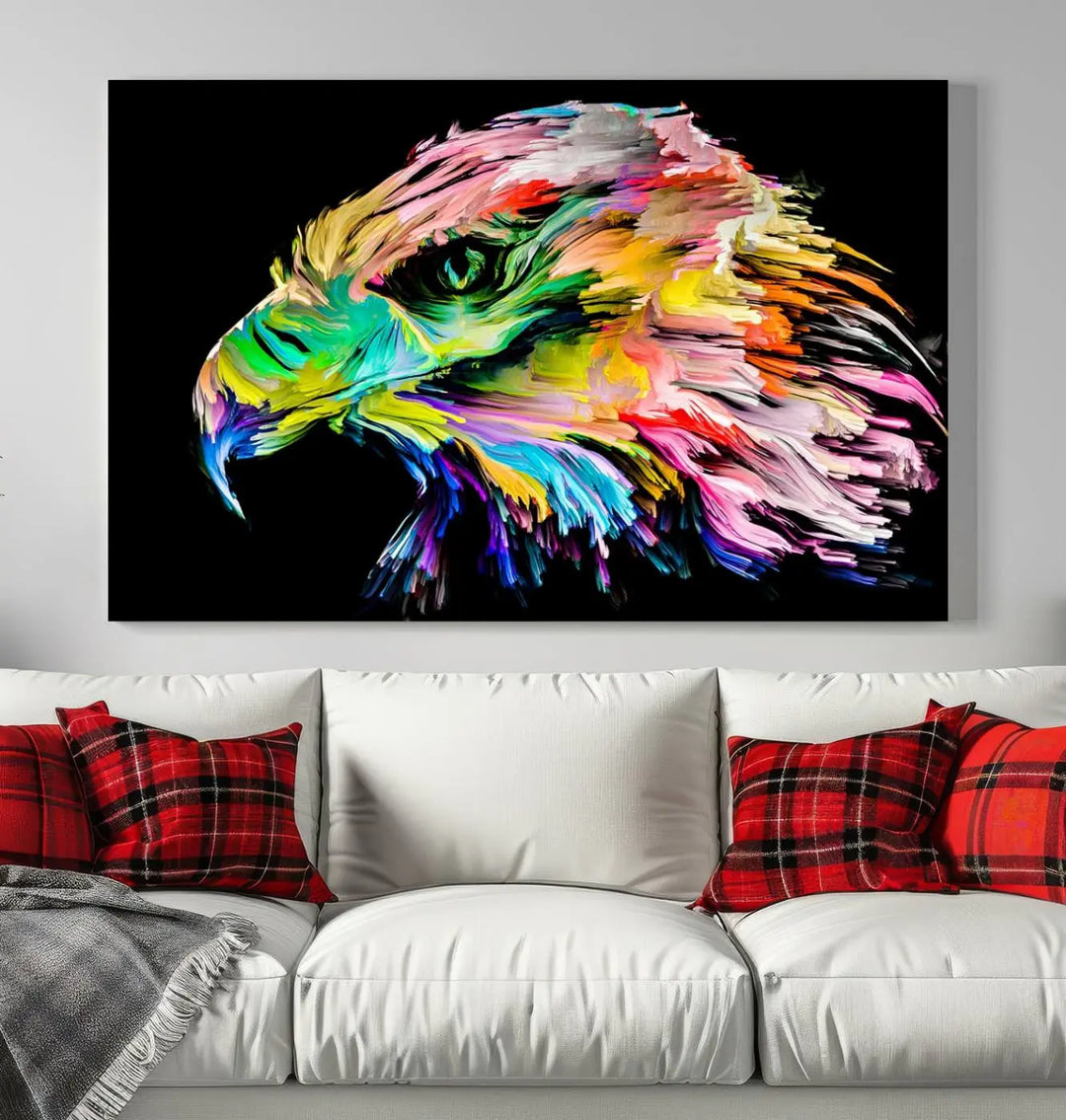 A vibrant "Rainbow Eagle Art Canvas Painting Wall Art Rainbow Animal Art Nature Abstract Print" hangs above, its colorful hues shielded by a UV-protective coating.