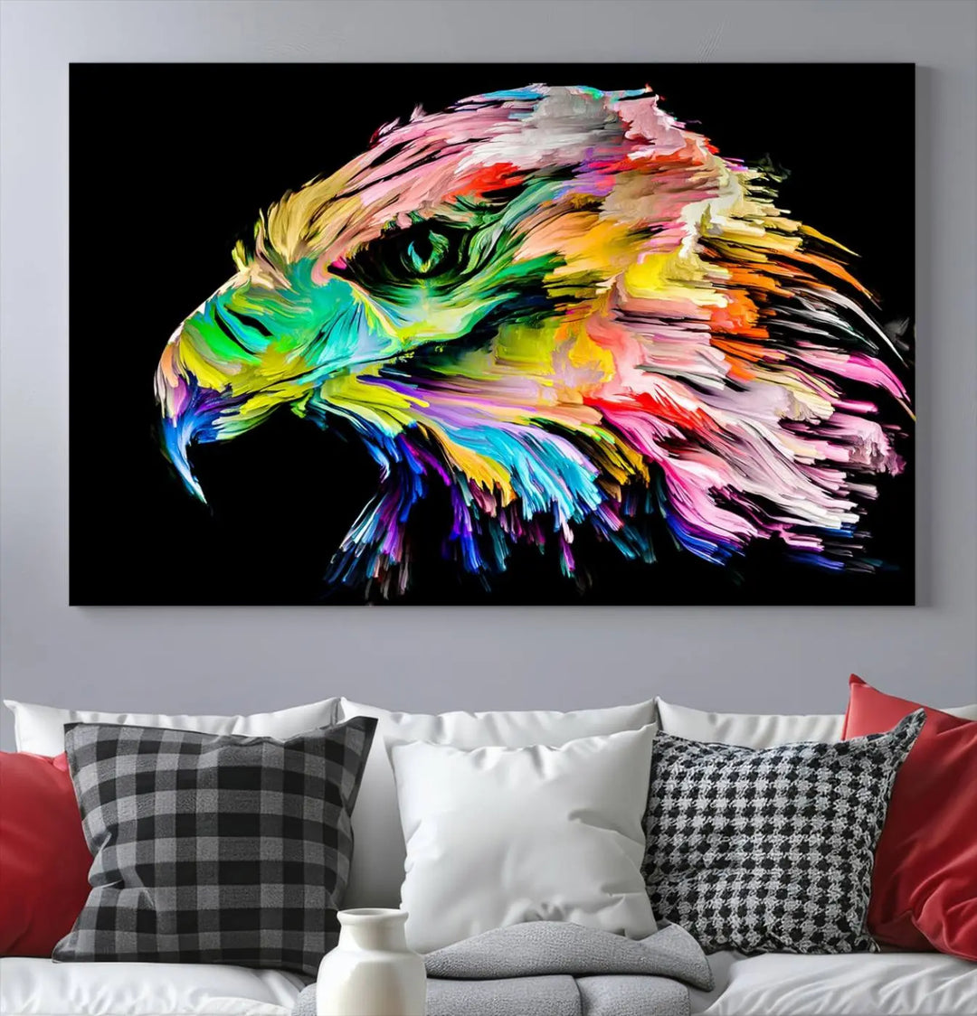 A vibrant "Rainbow Eagle Art Canvas Painting Wall Art Rainbow Animal Art Nature Abstract Print" hangs above, its colorful hues shielded by a UV-protective coating.