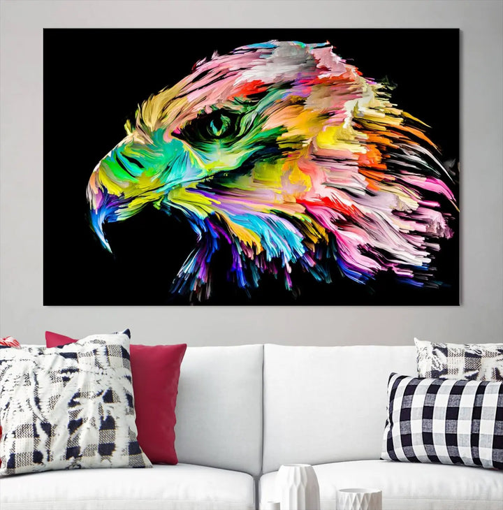 A vibrant "Rainbow Eagle Art Canvas Painting Wall Art Rainbow Animal Art Nature Abstract Print" hangs above, its colorful hues shielded by a UV-protective coating.