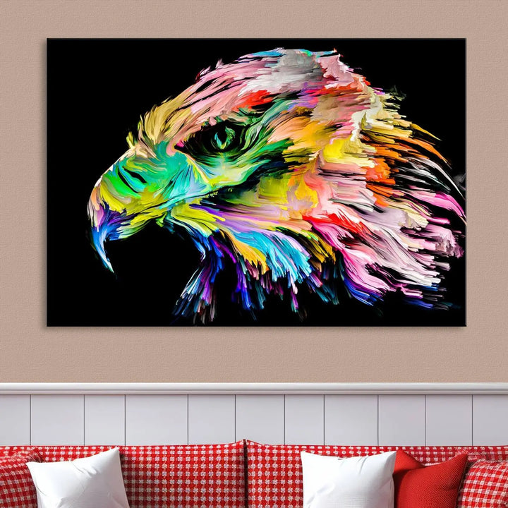 A vibrant "Rainbow Eagle Art Canvas Painting Wall Art Rainbow Animal Art Nature Abstract Print" hangs above, its colorful hues shielded by a UV-protective coating.