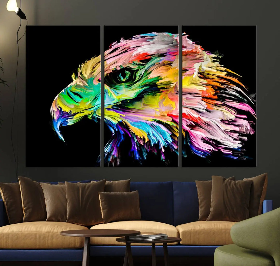 A vibrant "Rainbow Eagle Art Canvas Painting Wall Art Rainbow Animal Art Nature Abstract Print" hangs above, its colorful hues shielded by a UV-protective coating.