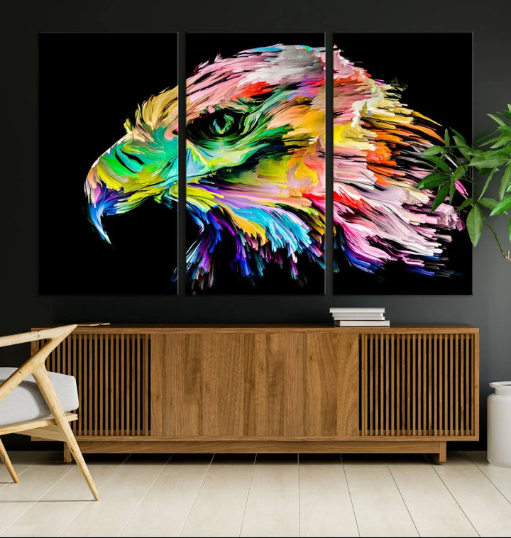 A vibrant "Rainbow Eagle Art Canvas Painting Wall Art Rainbow Animal Art Nature Abstract Print" hangs above, its colorful hues shielded by a UV-protective coating.