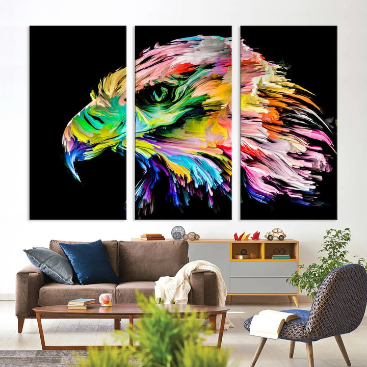 A vibrant "Rainbow Eagle Art Canvas Painting Wall Art Rainbow Animal Art Nature Abstract Print" hangs above, its colorful hues shielded by a UV-protective coating.