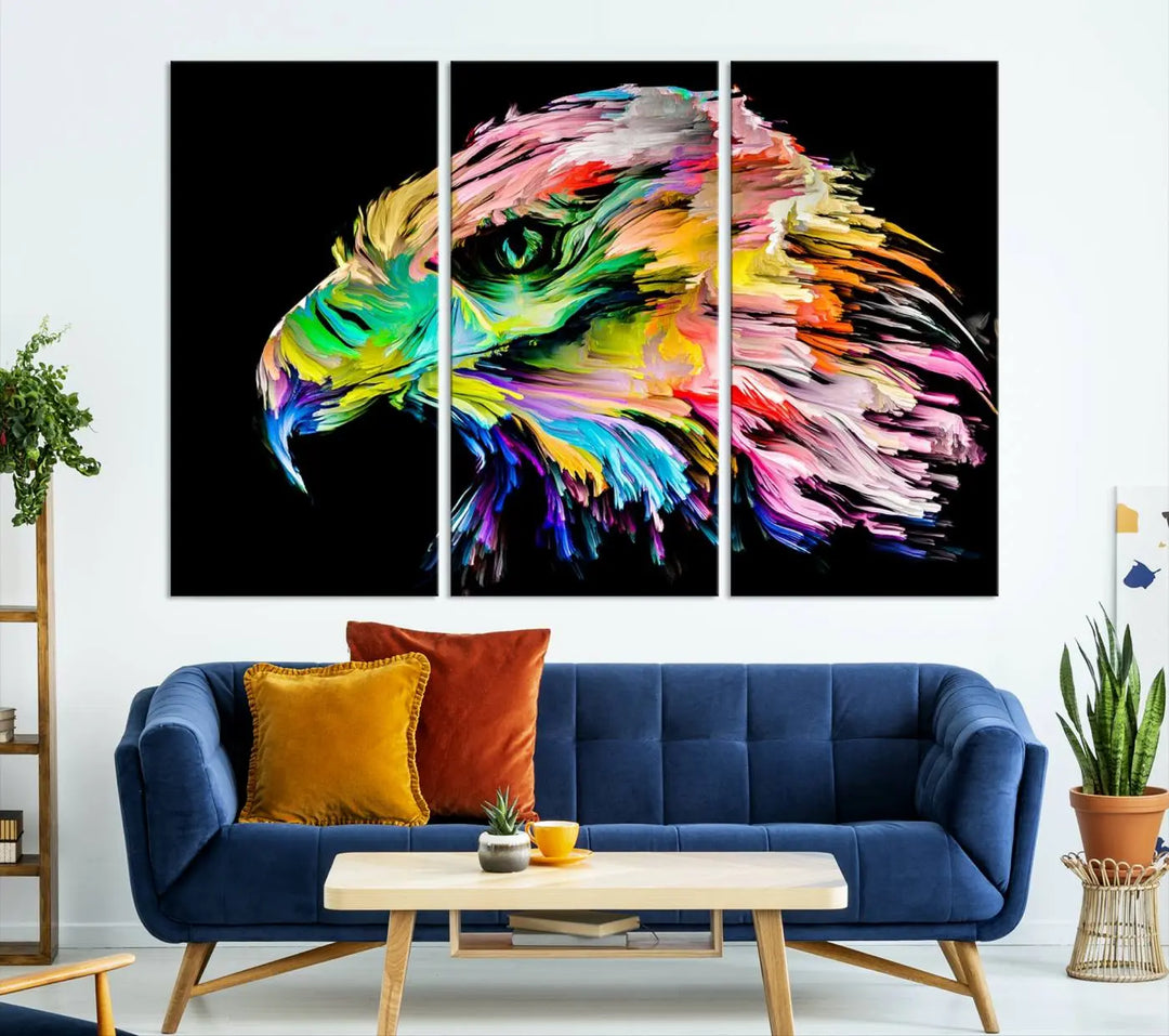 A vibrant "Rainbow Eagle Art Canvas Painting Wall Art Rainbow Animal Art Nature Abstract Print" hangs above, its colorful hues shielded by a UV-protective coating.