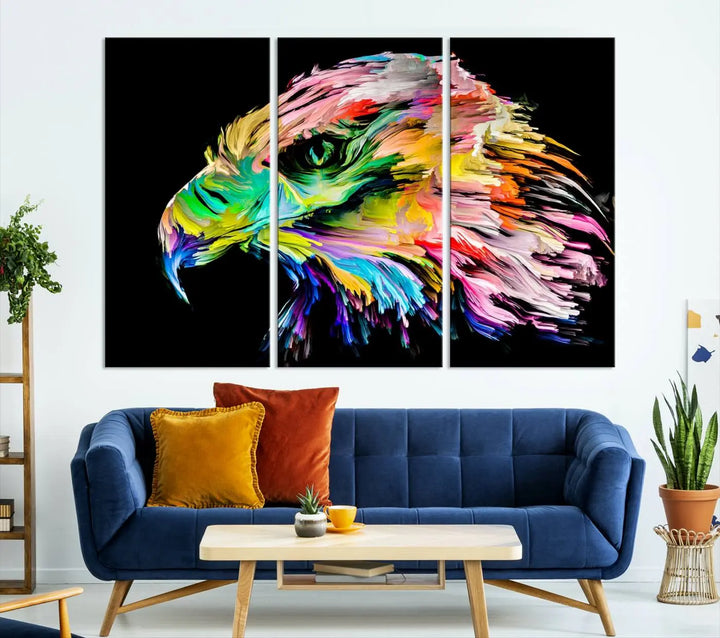 A vibrant "Rainbow Eagle Art Canvas Painting Wall Art Rainbow Animal Art Nature Abstract Print" hangs above, its colorful hues shielded by a UV-protective coating.