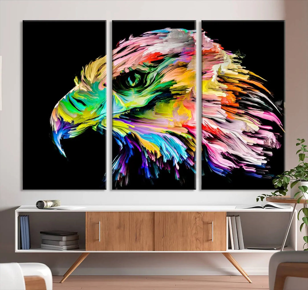 A vibrant "Rainbow Eagle Art Canvas Painting Wall Art Rainbow Animal Art Nature Abstract Print" hangs above, its colorful hues shielded by a UV-protective coating.