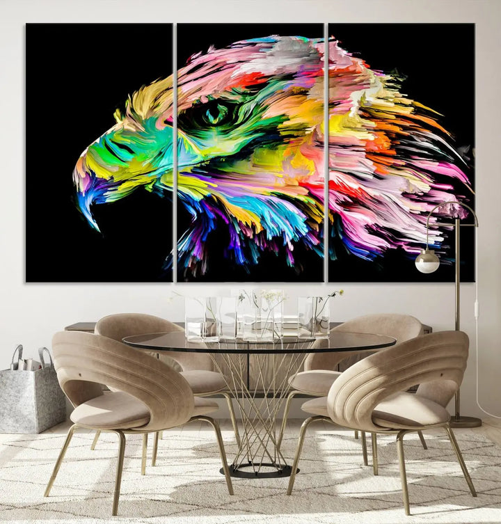 A vibrant "Rainbow Eagle Art Canvas Painting Wall Art Rainbow Animal Art Nature Abstract Print" hangs above, its colorful hues shielded by a UV-protective coating.