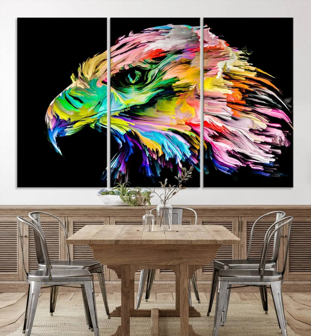 A vibrant "Rainbow Eagle Art Canvas Painting Wall Art Rainbow Animal Art Nature Abstract Print" hangs above, its colorful hues shielded by a UV-protective coating.