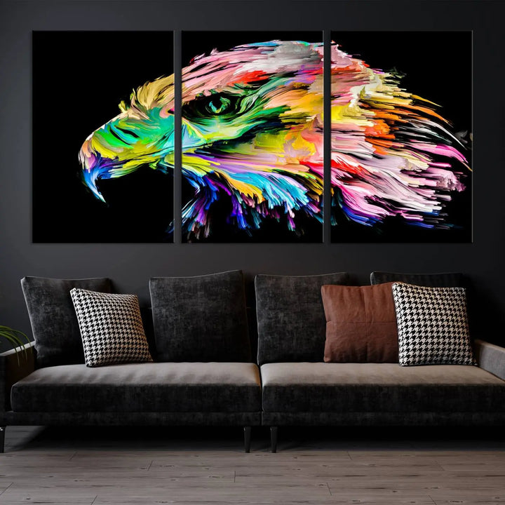 A vibrant "Rainbow Eagle Art Canvas Painting Wall Art Rainbow Animal Art Nature Abstract Print" hangs above, its colorful hues shielded by a UV-protective coating.